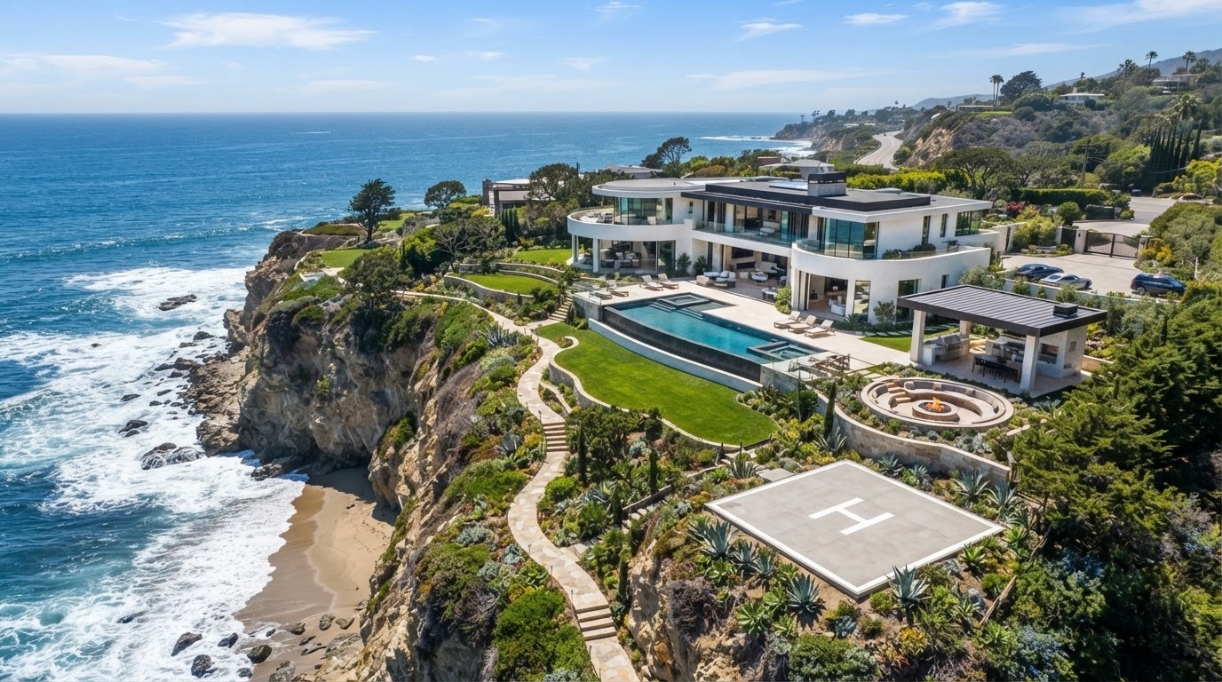 Aerial of a clifftop Malibu villa above a private cove