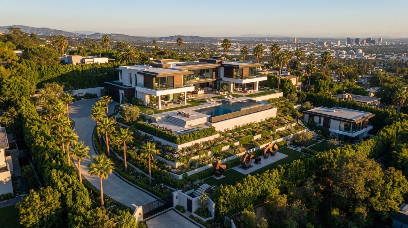 Aerial of a contemporary Beverly Hills mega-estate