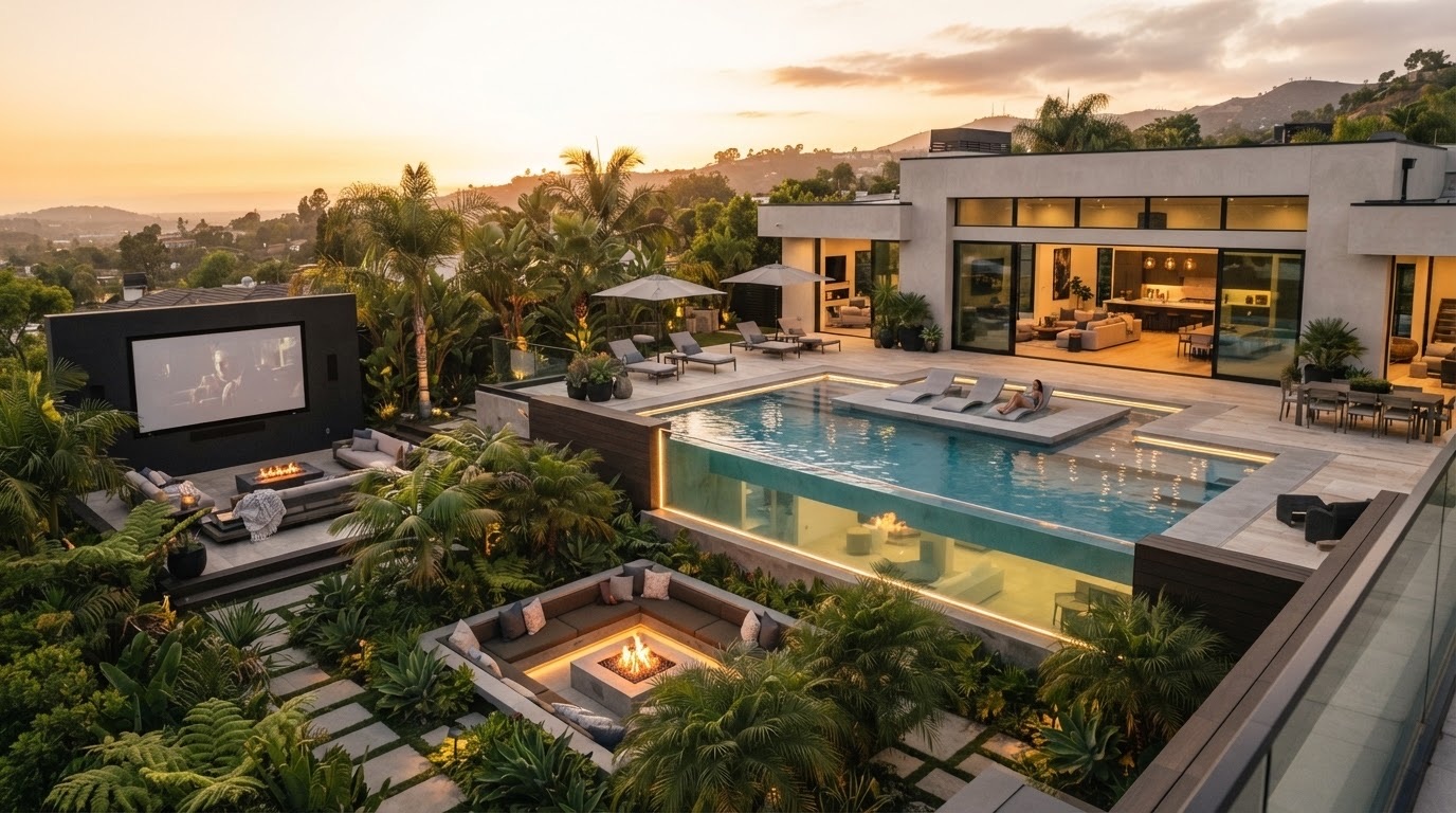 A resort-style compound at dusk with glass-walled pool and outdoor cinema
