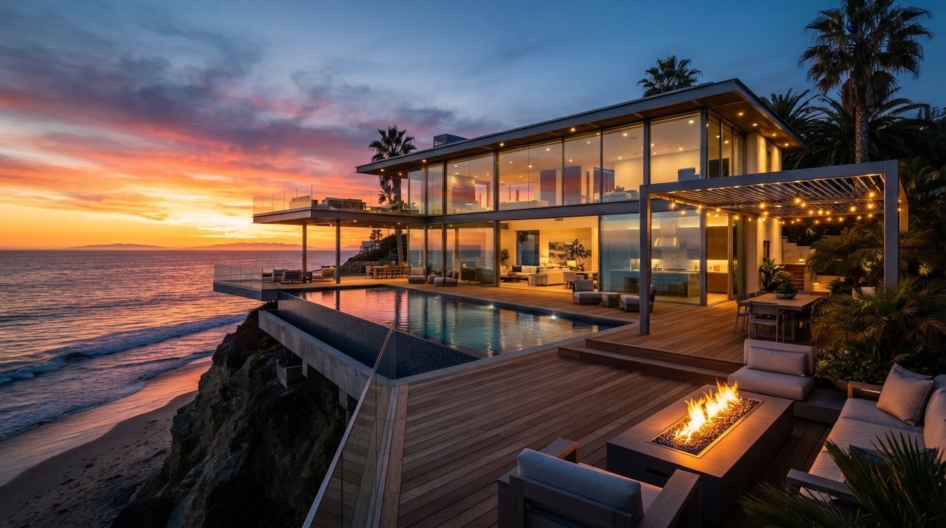 Glass beach house glowing at sunset above the Pacific