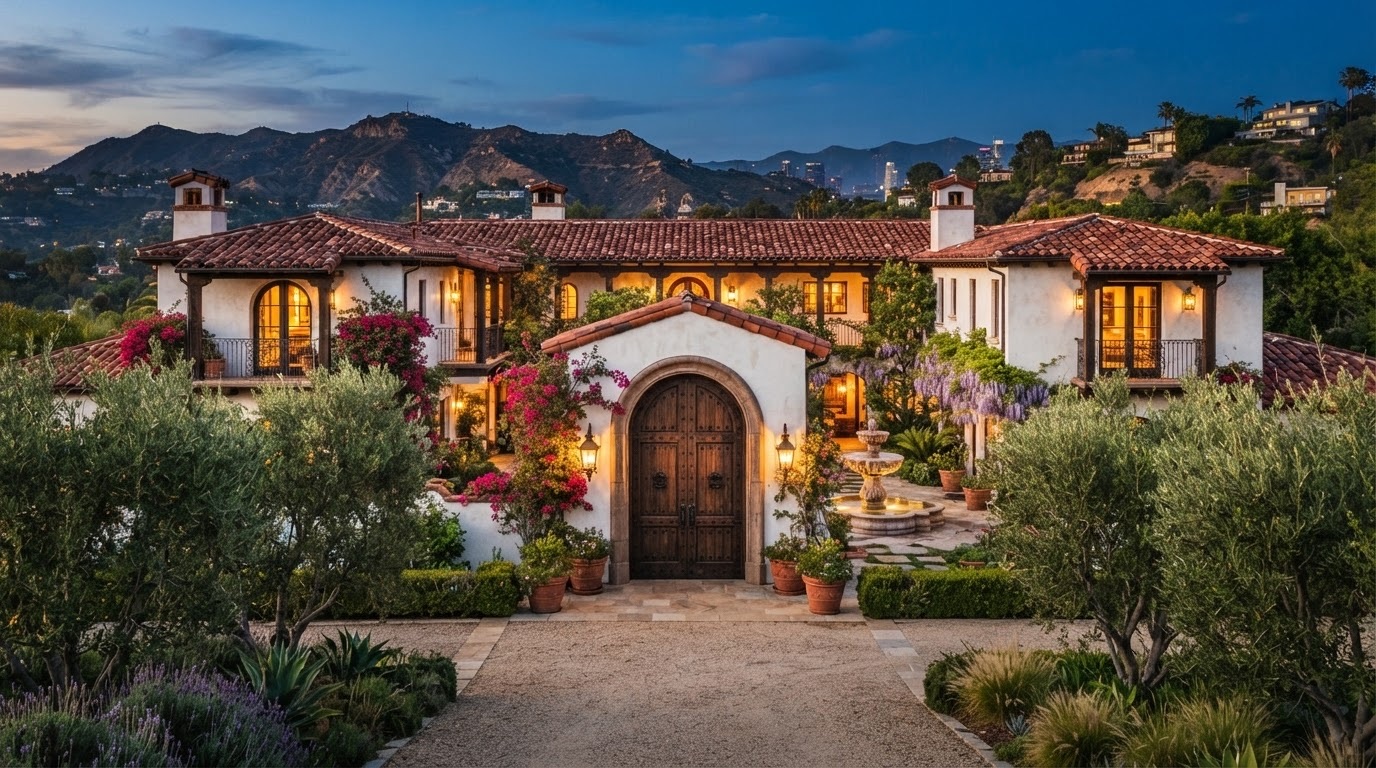 A Spanish Revival estate at dusk, lanterns lit along the arched entry