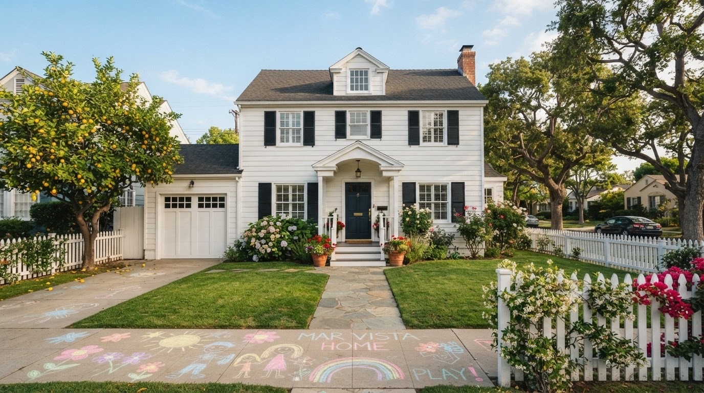 Classic white colonial family home with picket fence