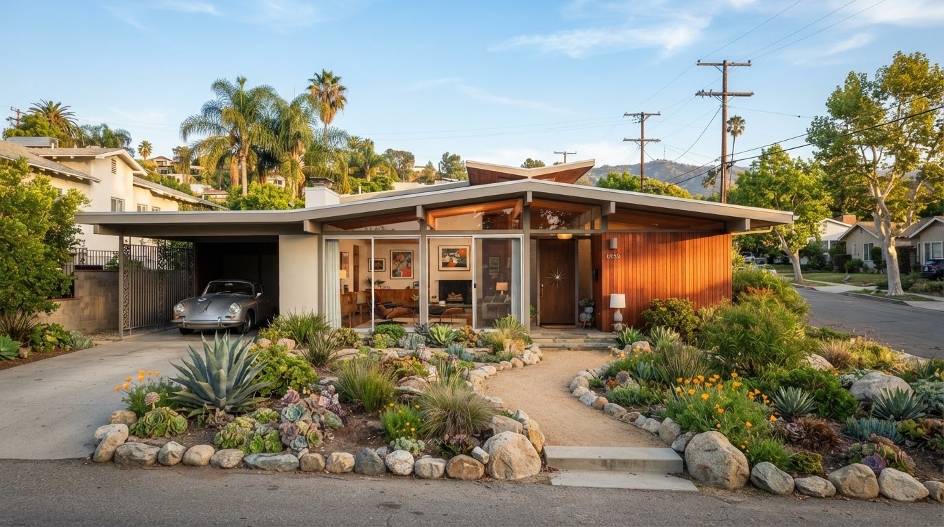 Mid-century post-and-beam house with butterfly roof