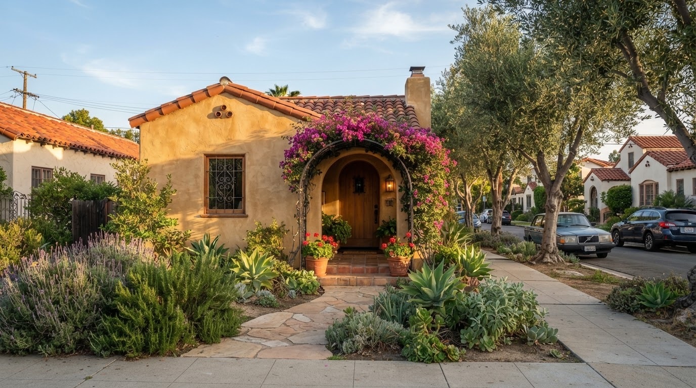 Spanish bungalow entry framed by bougainvillea