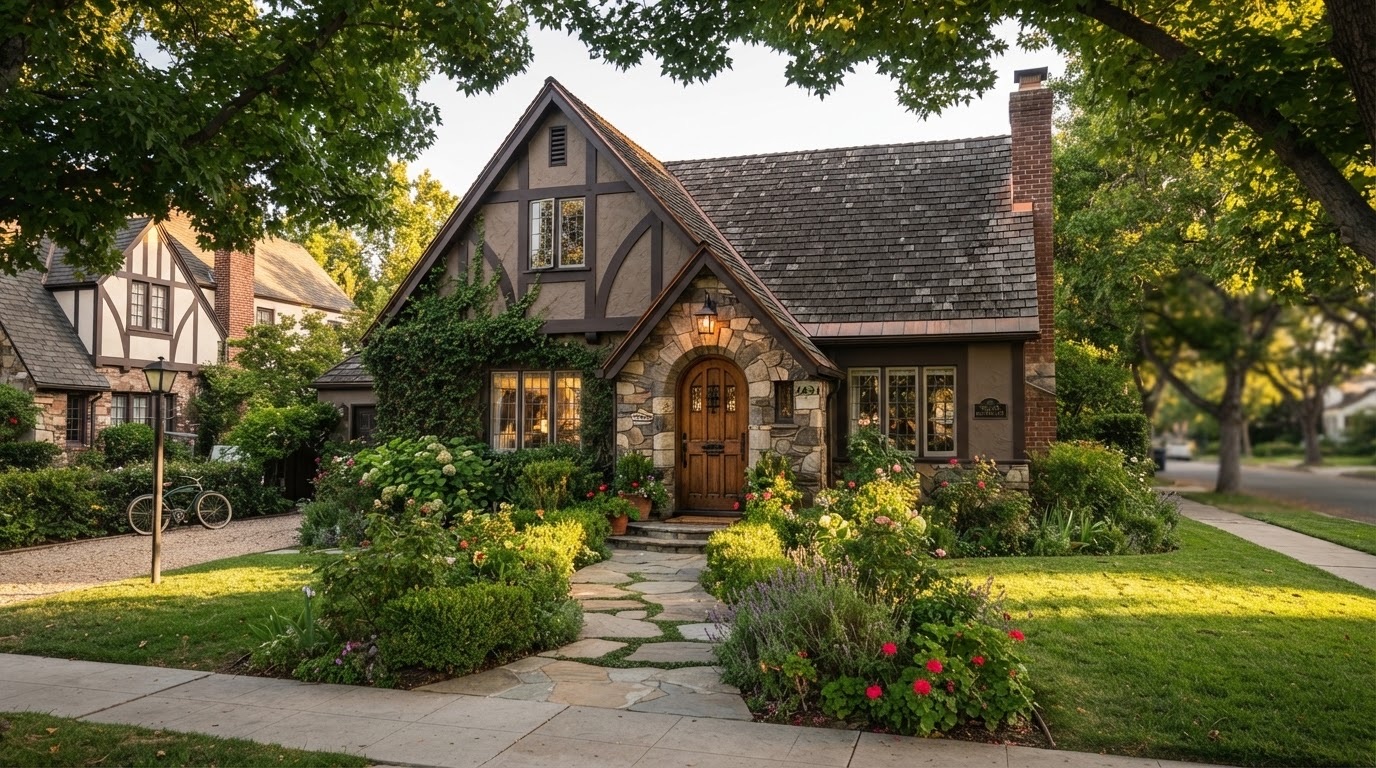 Storybook Tudor cottage with stone entry and gardens