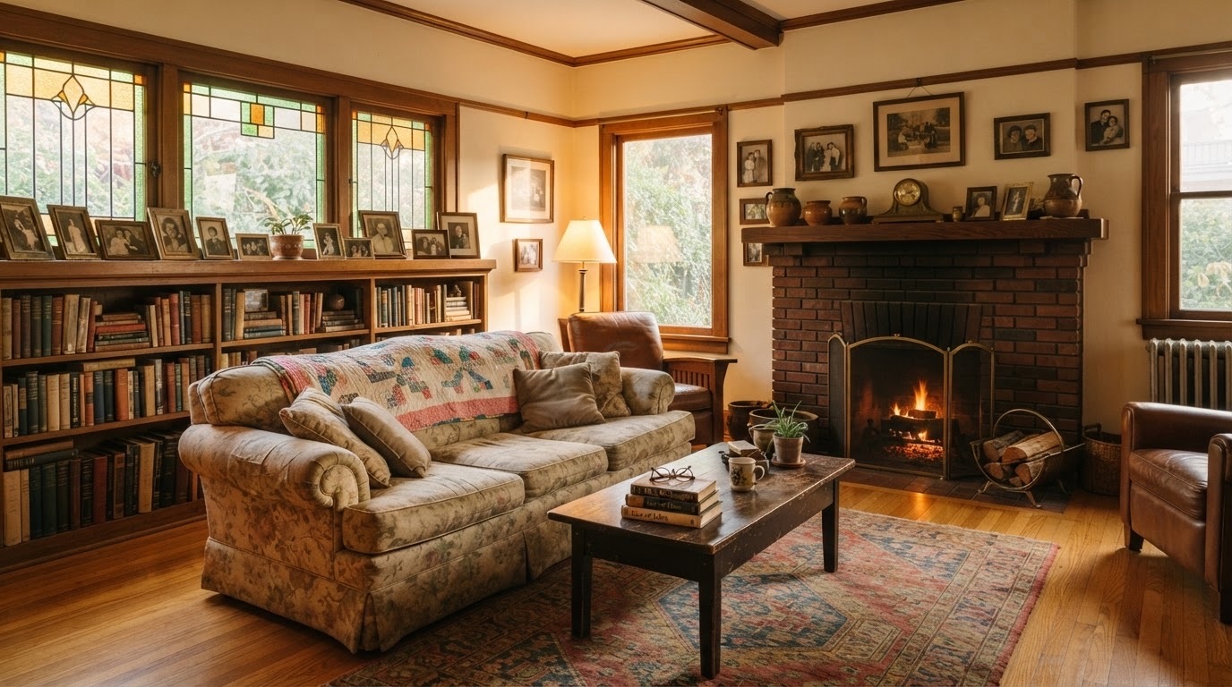 A Craftsman living room with period furniture and deep window light