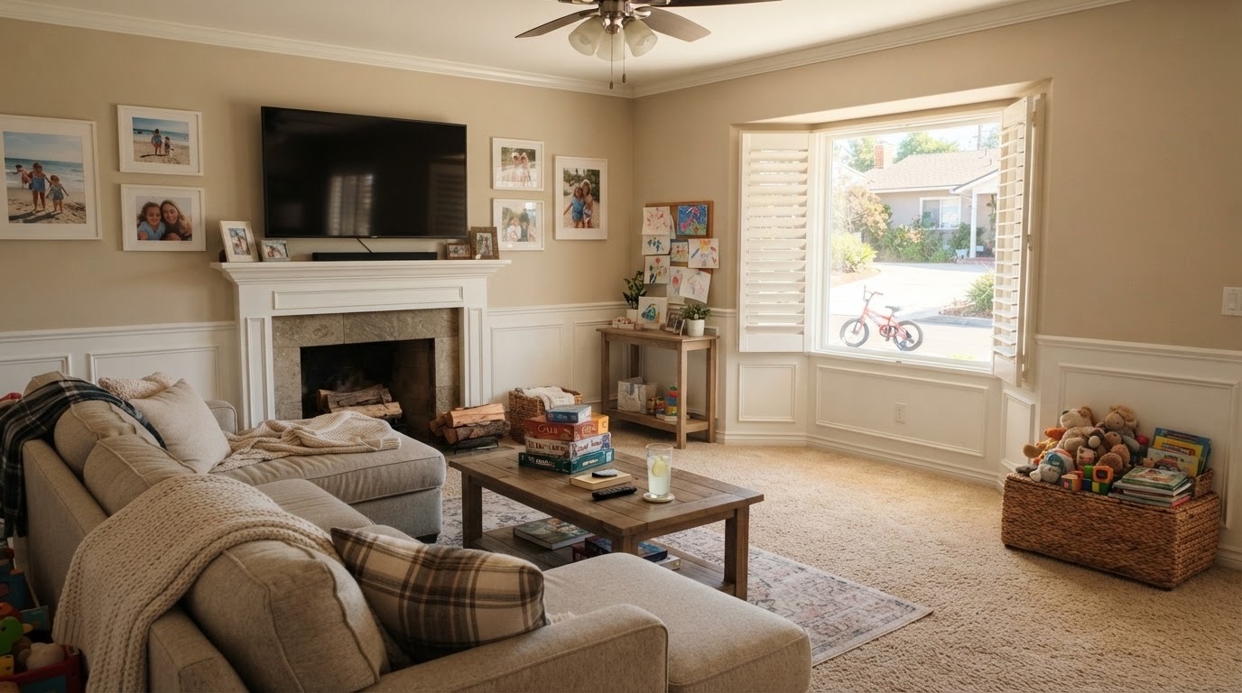 Family room with bay window, fireplace and everyday warmth