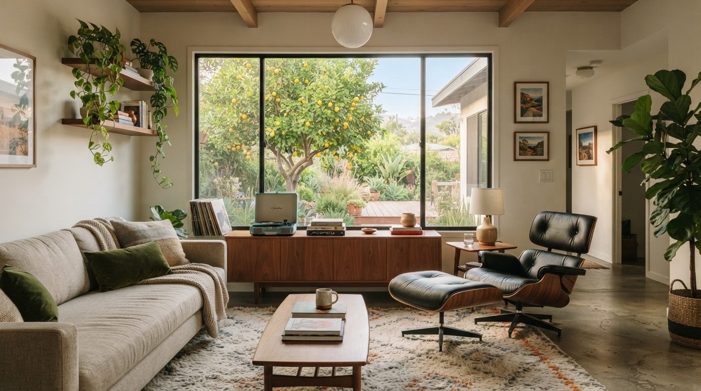 A mid-century living room styled with collector furniture
