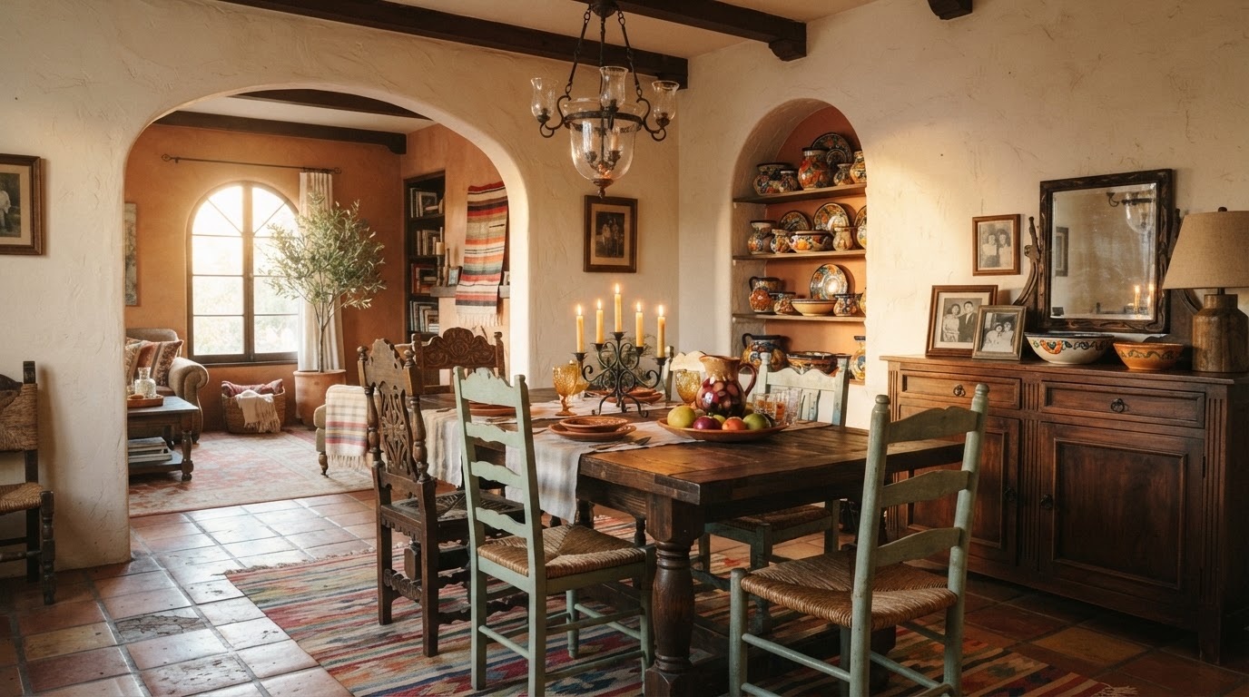 A Spanish Revival dining room set for a long candlelit dinner
