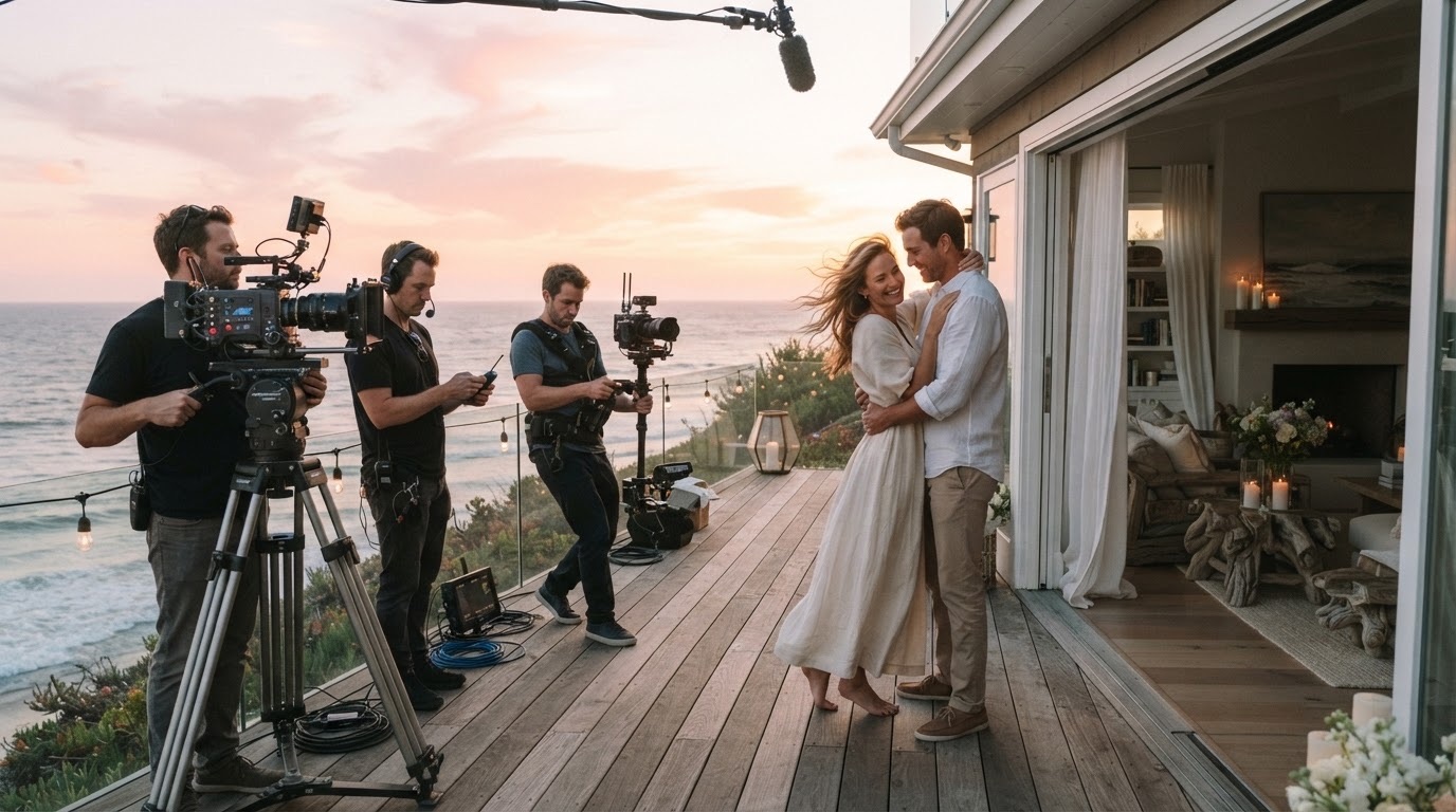Film crew shooting a scene on an oceanfront deck at golden hour