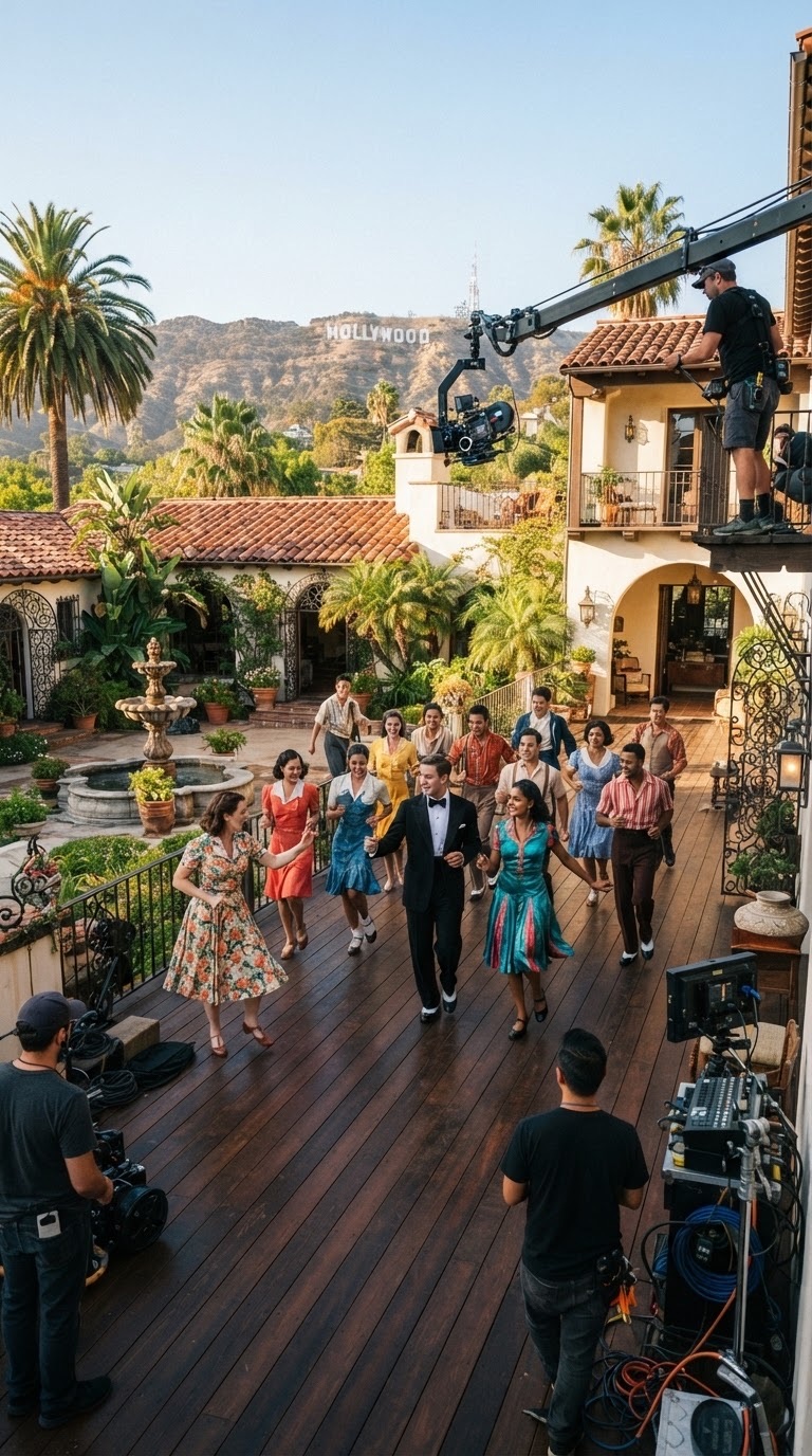 A period production filming in a Spanish courtyard