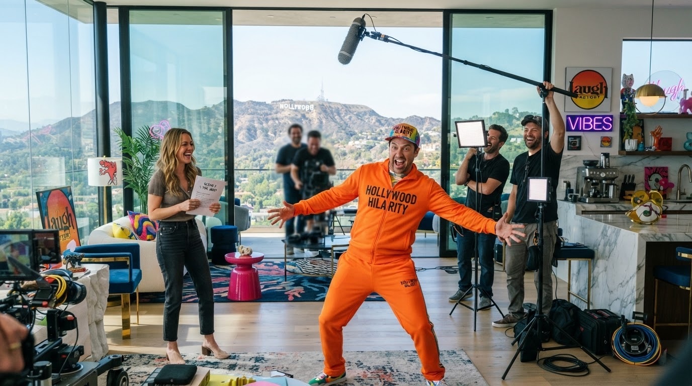 A comedy series filming in Hillhaven’s glass great room, Hollywood sign beyond