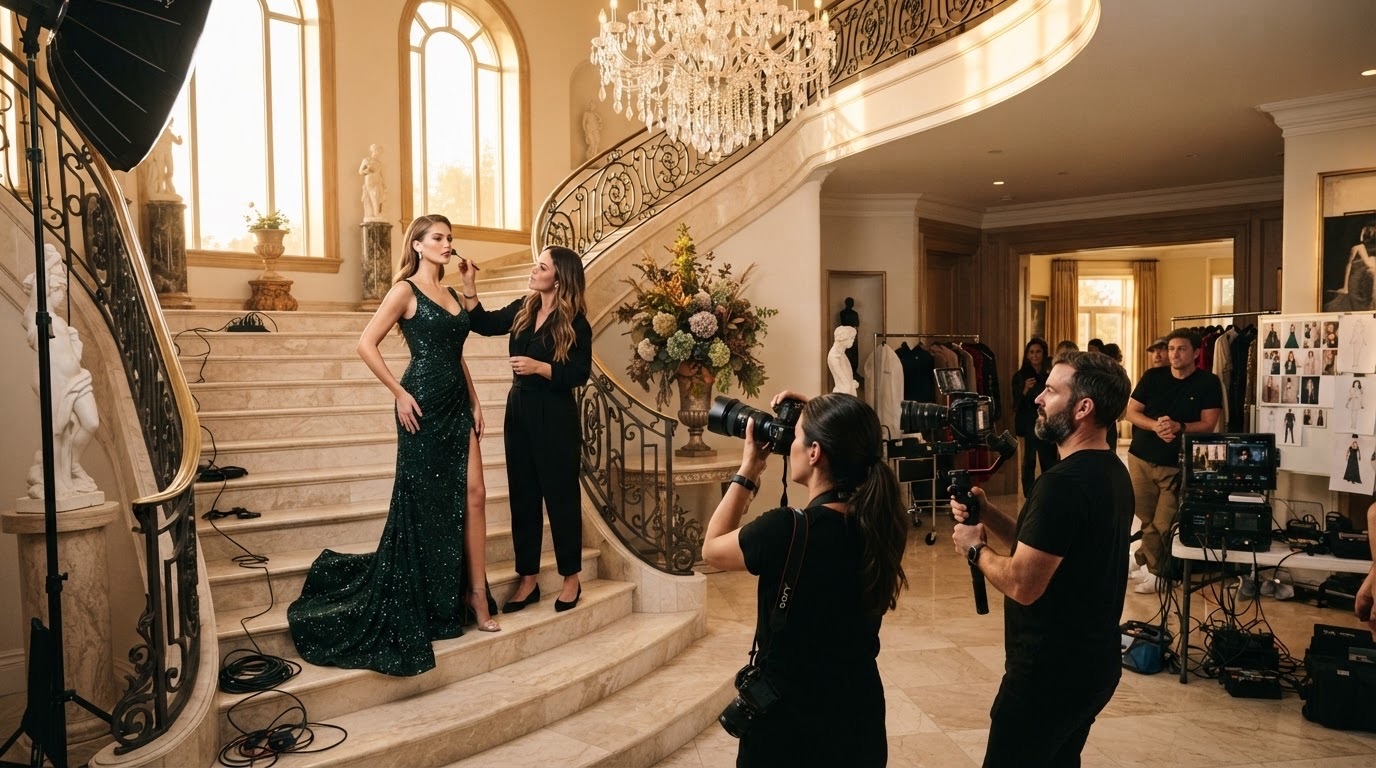 A gowned model on a double marble staircase during an evening event shoot
