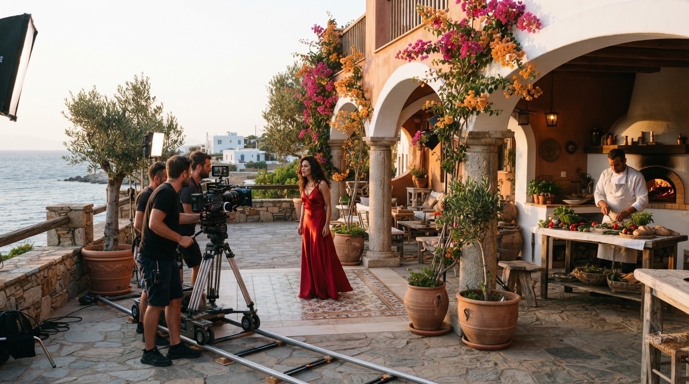 A film crew shooting a scene on a Mediterranean terrace at golden hour